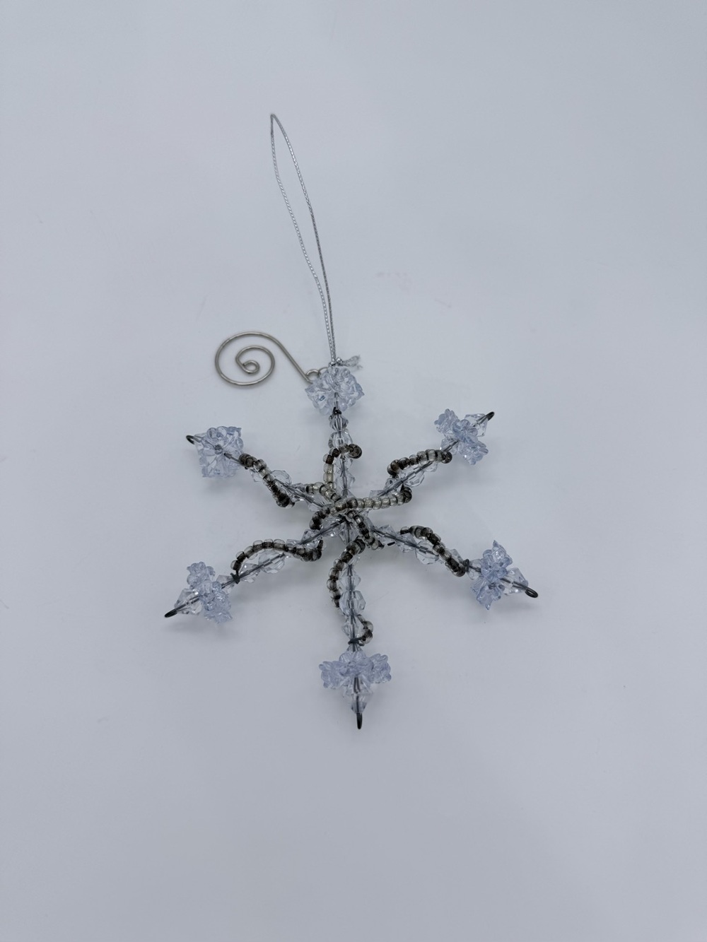 Vtg. Blue Ice Hand Beaded Snowflake Tree Window Ornament With Ornate Beads 5”X5”